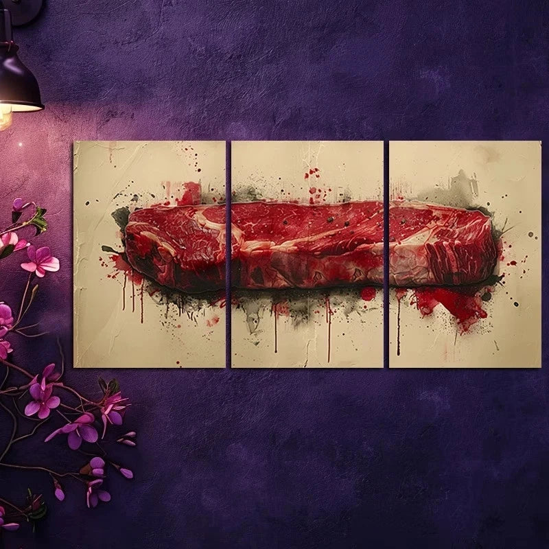 3pcs Painting of a Raw Steak Metal Print Ready to Hang Art