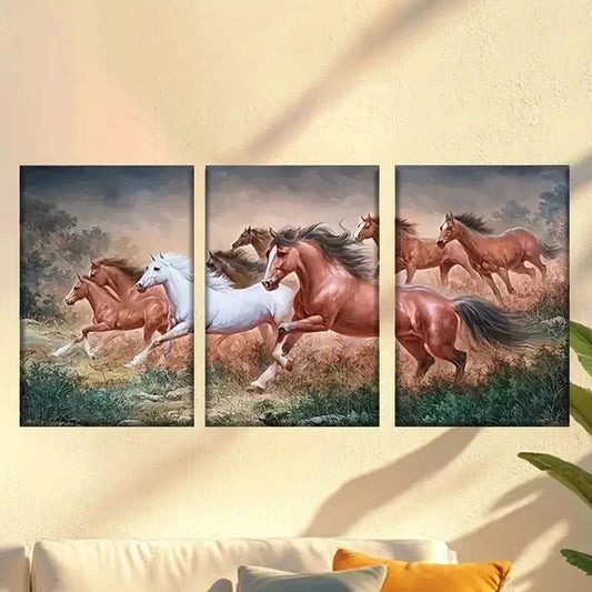 3pcs painting of horses running in a field Wall Art Set Canvas Framed 50x70cm - High Quality Print 100% Australian Made Wall Canvas Ready to Hang