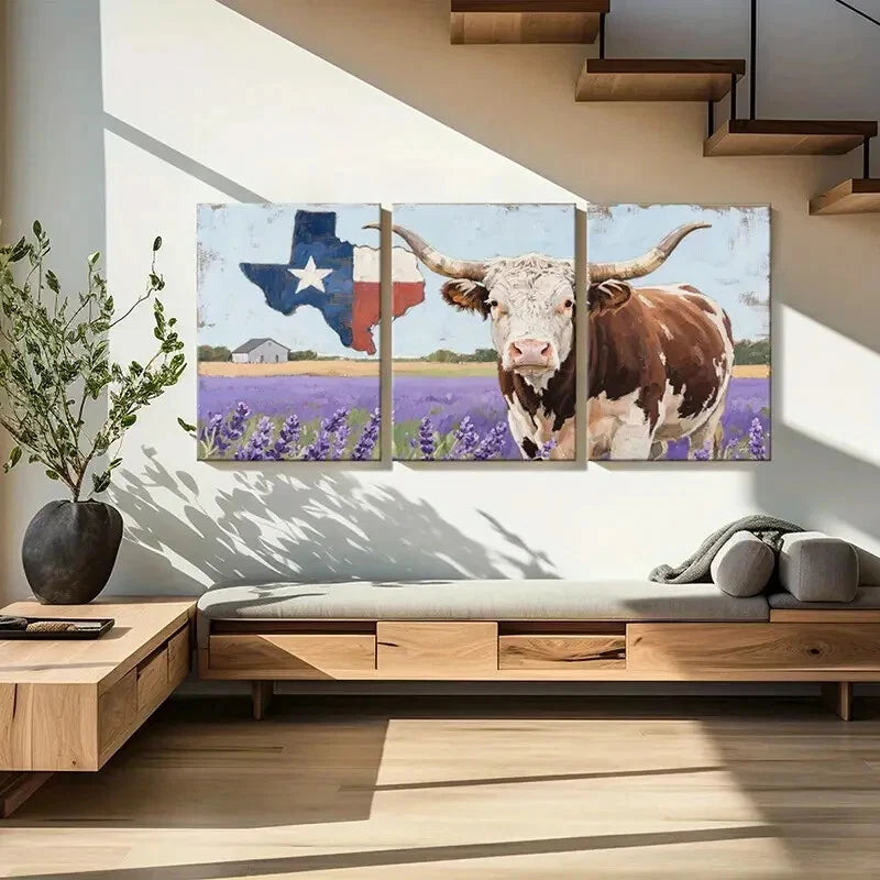 3pcs Texas Flag Longhorn Cow Lavender Field Metal Print Ready to Hang Art - Bella Home Decor