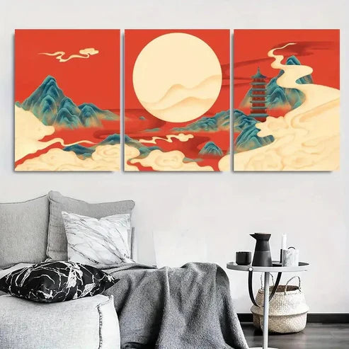 3pcs Chinese Zen Mountain Sun Wall Art Set Canvas Unframed - High Quality Print 100% Australian Made Wall Canvas - Bella Home Decor