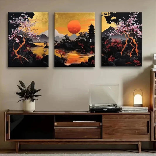 3pcs Japanese Sunset Landscape Golden Perfect Wall Art Set Canvas Framed 50x70cm - High Quality Print 100% Australian Made Wall Canvas Ready to Hang