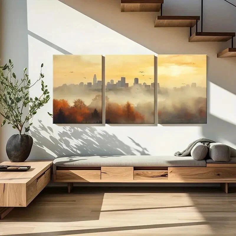 3pcs Cityscape Autumn Trees Warm Sunset Urban Metal Print Ready to Hang Art - Bella Home Decor
