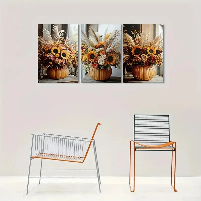 3pcs Autumn Harvest Pumpkin Vase with Sunflowers Metal Print Ready to Hang Art - Bella Home Decor
