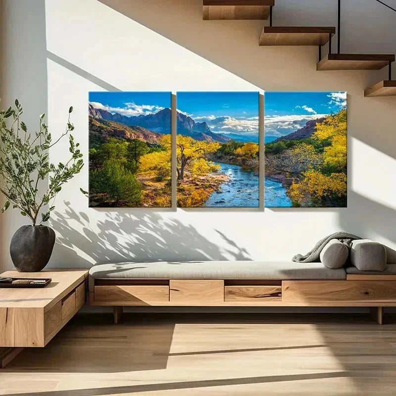 3pcs Mountains Forest and River Modern Wall Art Set Canvas Framed 50x70cm - High Quality Print 100% Australian Made Wall Canvas Ready to Hang - Bella Home Decor
