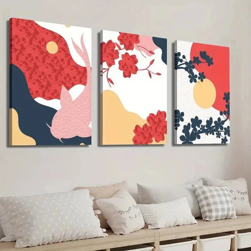3pcs Japanese Flower Animal & Fish Illustration Wall Art Set Canvas Unframed - High Quality Print 100% Australian Made Wall Canvas