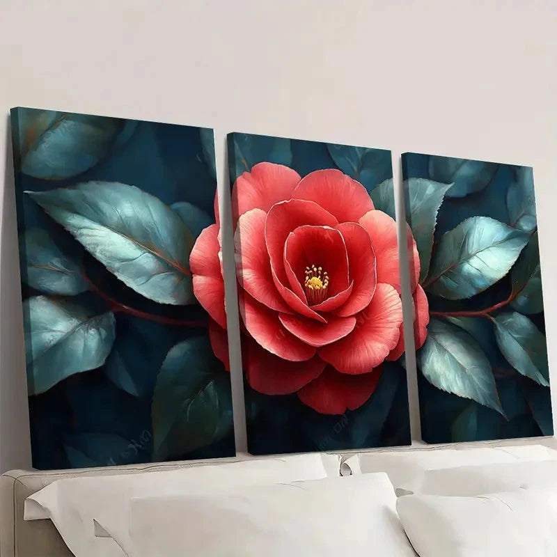 3pcs Red Camellia Flower with Green GL  Wall Art Set Canvas Framed 60x90cm - High Quality Print 100% Australian Made Wall Canvas Ready to Hang