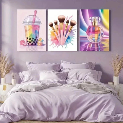 3pcs Bubble Tea, Makeup Brushes, Perfume Wall Art Set Canvas Framed 50x70cm - High Quality Print 100% Australian Made Wall Canvas Ready to Hang - Bella Home Decor