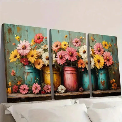 3pcs Yellow Pink & White Flowers in Metal Cans Wall Art Canvas Unframed - High Quality Print 100% Australian Made Wall Canvas