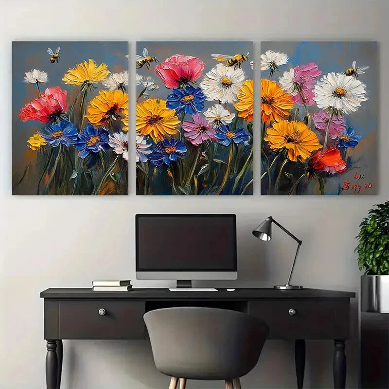 3pcs Dandelion Poppy Flowers Cornflowers Honeybee Metal Print Ready to Hang Art - Bella Home Decor