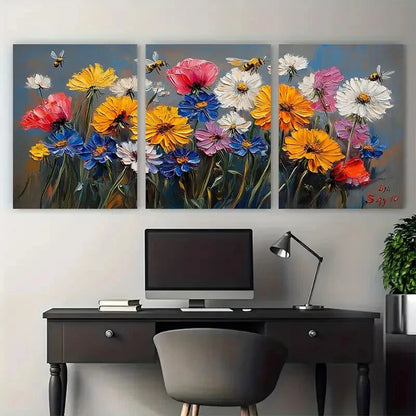 3pcs Dandelion Poppy Flowers Cornflowers Honeybee Metal Print Ready to Hang Art - Bella Home Decor
