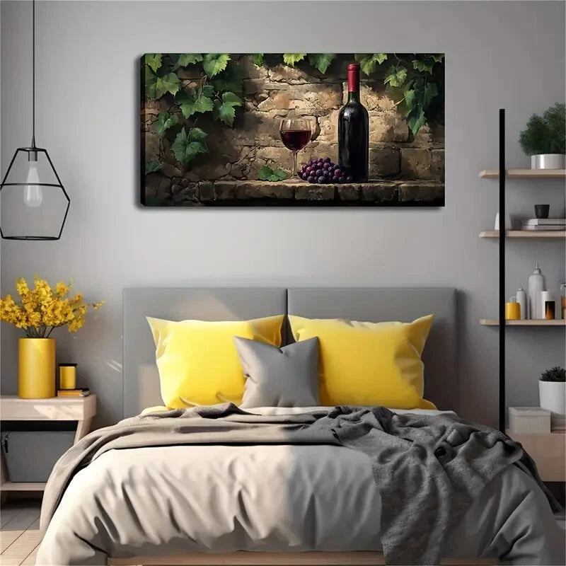 Stone Wall & Wine Bottle Grape Wall Art Canvas Office Home Room Framed 120x60cm - Bella Home Decor