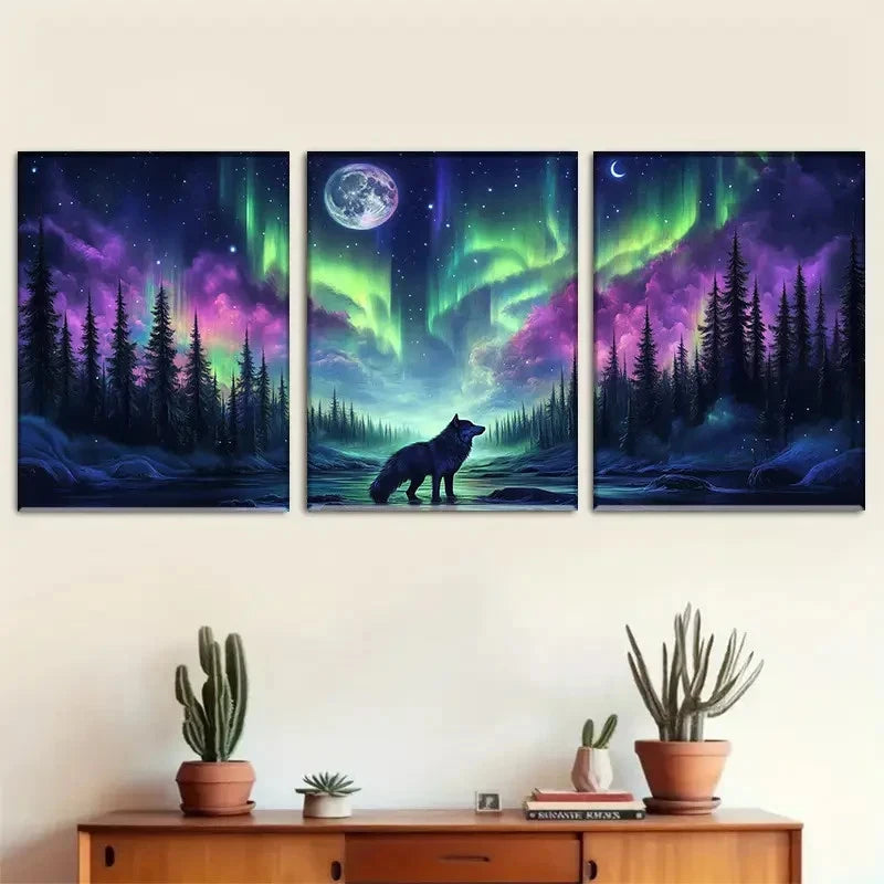 3pcs Artistic Charming Arctic Aurora and Wolf Metal Print Ready to Hang Art - Bella Home Decor