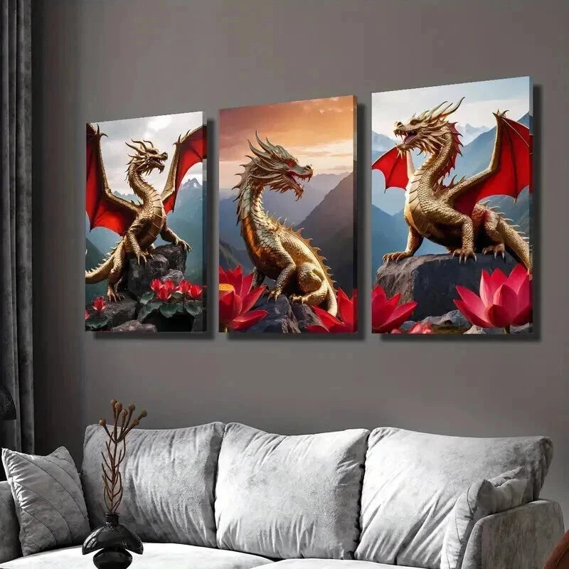 3pcs Golden Dragons with Red Wings Wall Art Set Canvas Framed 60x90cm - High Quality Print 100% Australian Made Wall Canvas Ready to Hang