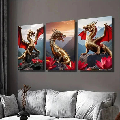 3pcs Golden Dragons with Red Wings Wall Art Set Canvas Framed 60x90cm - High Quality Print 100% Australian Made Wall Canvas Ready to Hang