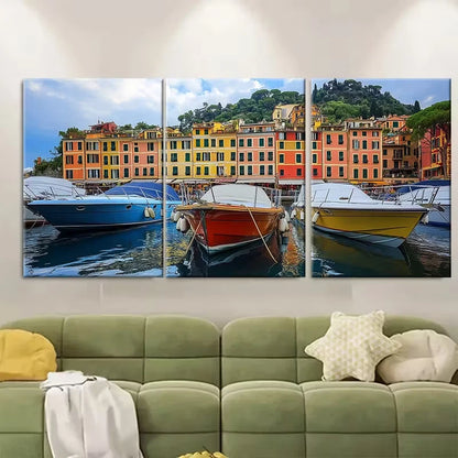 3pcs Portofino Docked Boats Metal Print Ready to Hang Art