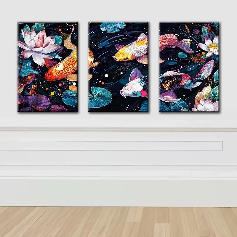 3pcs Colorful koi in the Water Illustration Wall Art Set Canvas Framed 60x90cm - High Quality Print 100% Australian Made Wall Canvas Ready to Hang - Bella Home Decor