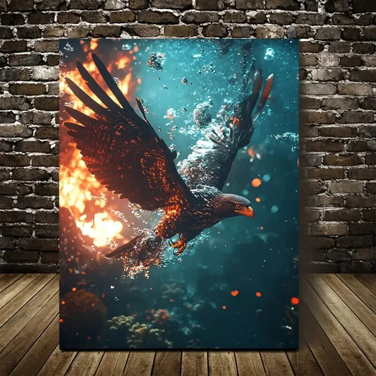 Majestic Hawk Emerging from Water Painting 40x60cm Metal Print Ready to Hang - Bella Home Decor