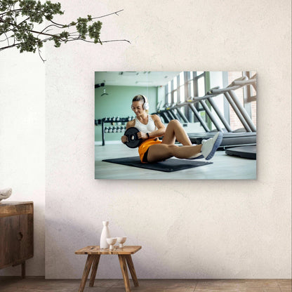 Fit Woman Doing Weighted Russian Twists 5mm Plastic Poster Ready to Hang 90x60cm