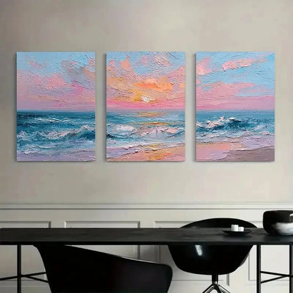 3pcs Pink And Blue Beach Sunset in Oil Painting Metal Print Ready to Hang Art - Bella Home Decor