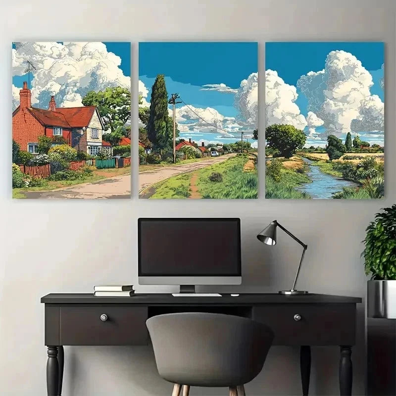 3pcs Illustrated Countryside & Landscape Perfect Wall Art Set Canvas Framed 50x70cm - High Quality Print 100% Australian Made Wall Canvas Ready to Hang