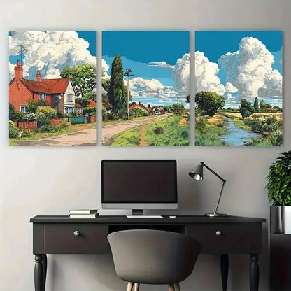 3pcs Illustrated Countryside & Landscape Perfect Wall Art Set Canvas Framed 50x70cm - High Quality Print 100% Australian Made Wall Canvas Ready to Hang