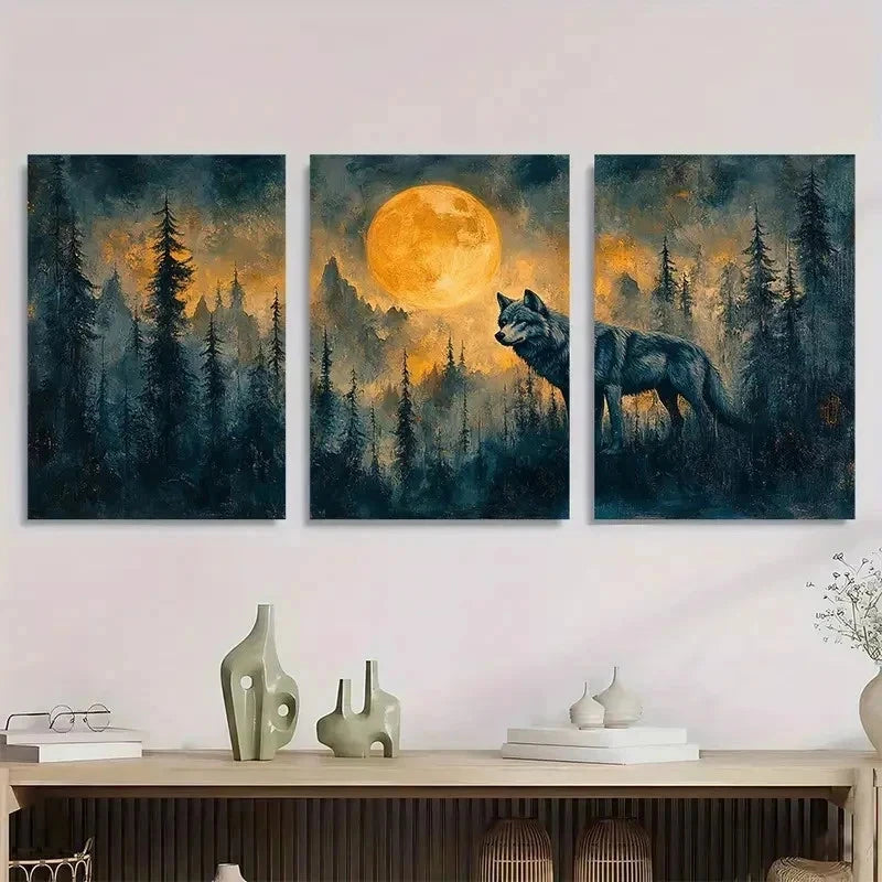 3pcs Full Moon Wolf Contemporary Perfect Wall Art Set Canvas Framed 50x70cm - High Quality Print 100% Australian Made Wall Canvas Ready to Hang - Bella Home Decor