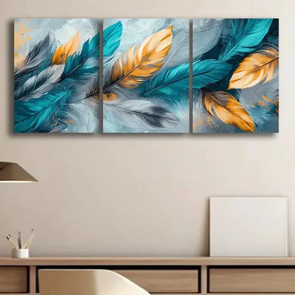 3pcs Turquoise Feather Abstract Blue Perfect Wall Art Set Canvas Unframed - High Quality Print 100% Australian Made Wall Canvas