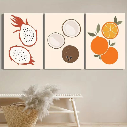 3pcs Pineapple, Orange, and Kiwi Geometric Metal Print Ready to Hang Art