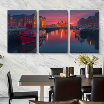 3pcs Cityscape with Red Boat & Docks Metal Print Ready to Hang Art - Bella Home Decor