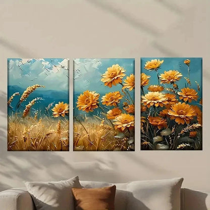 3pcs Yellow Flowers in a Field & Blue Sky Wall Art Set Canvas Framed 50x70cm - High Quality Print 100% Australian Made Wall Canvas Ready to Hang