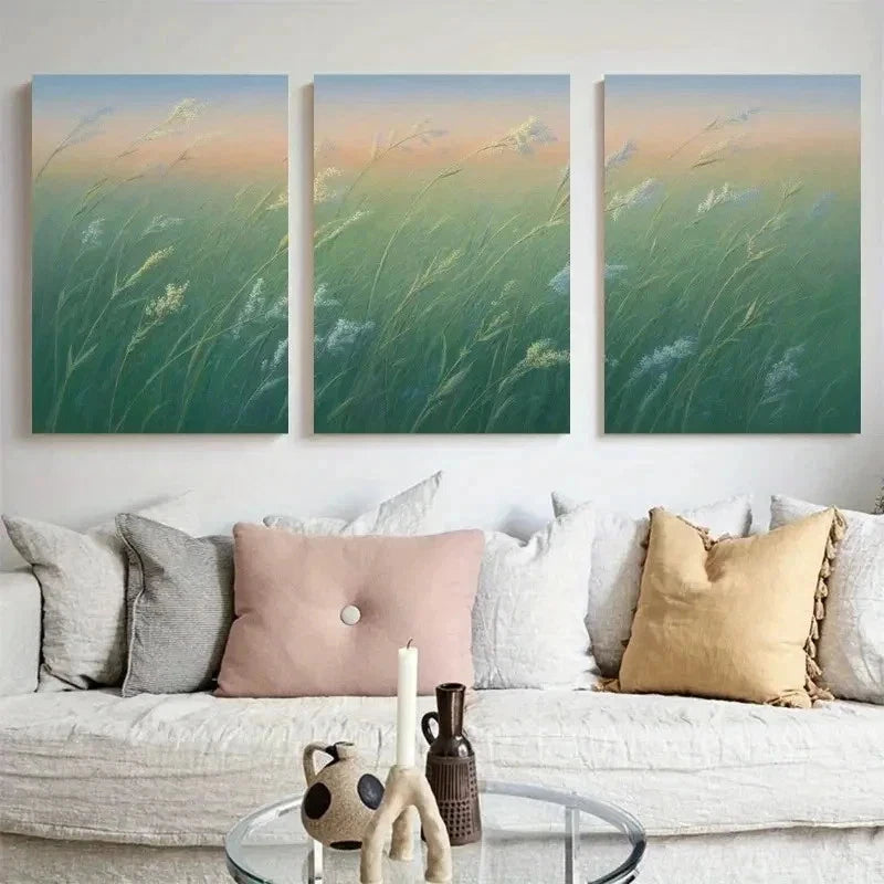 3pcs Serene Green Meadow with White Flowers   Wall Art Set Canvas Framed 40x60cm - High Quality Print 100% Australian Made Wall Canvas Ready to Hang