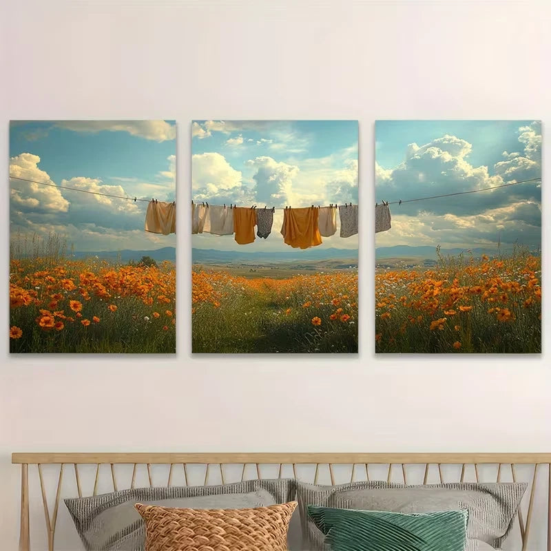 3pcs Rustic Clothesline Field Landscape w  Wall Art Set Canvas Framed 50x70cm - High Quality Print 100% Australian Made Wall Canvas Ready to Hang