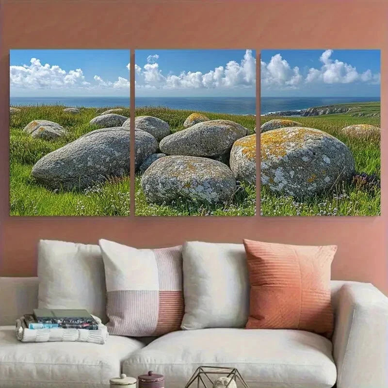 3pcs Sea Worn Boulders near Lands End Cornwall Metal Print Ready to Hang Art - Bella Home Decor