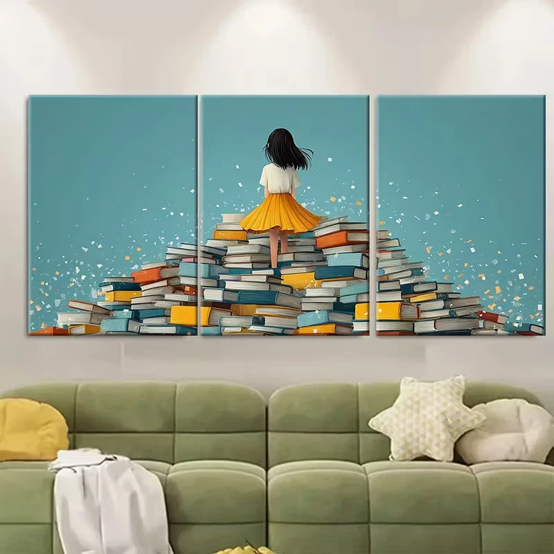 3pcs Young Girl on Pile of Books Illustration Metal Print Ready to Hang Art