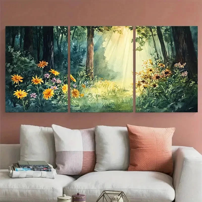 3pcs Sunlit Wildflowers in a Tranquil Nature Wall Art Set Canvas Framed 60x90cm - High Quality Print 100% Australian Made Wall Canvas Ready to Hang