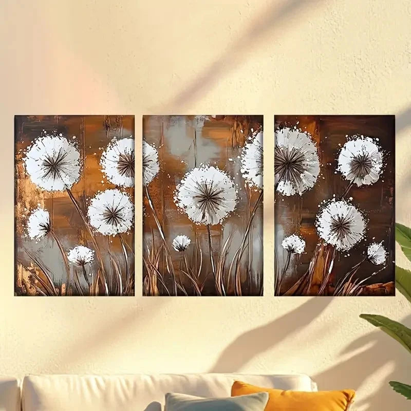 3pcs White Flowers on Brown Background Wall Art Set Canvas Framed 40x60cm - High Quality Print 100% Australian Made Wall Canvas Ready to Hang