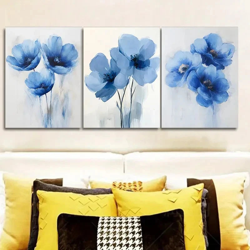 3pcs Blue Floral Teak Wood Printings Metal Print Ready to Hang Art - Bella Home Decor
