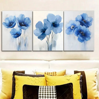 3pcs Blue Floral Teak Wood Printings Metal Print Ready to Hang Art - Bella Home Decor