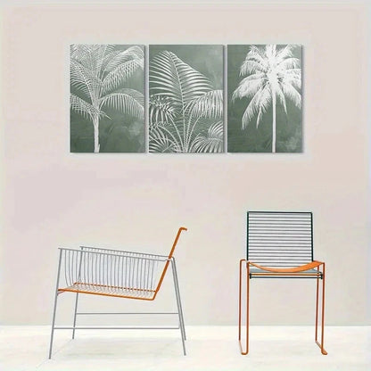 3pcs Abstract Palm Tree Green and White Metal Print Ready to Hang Art - Bella Home Decor