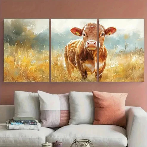 3pcs Rustic Cheerful Cow Illustration Wall Art Canvas Unframed - High Quality Print 100% Australian Made Wall Canvas