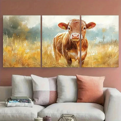 3pcs Rustic Cheerful Cow Illustration Wall Art Canvas Unframed - High Quality Print 100% Australian Made Wall Canvas