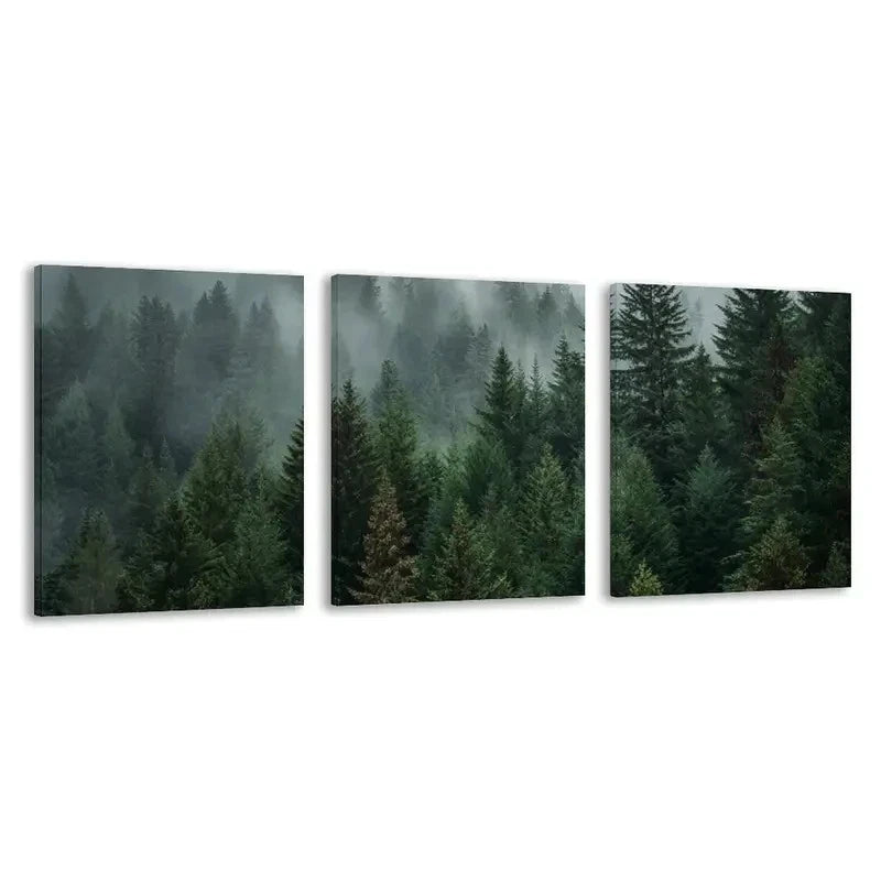 3pcs Misty Pine Forest Evergreen Trees in Green   Wall Art Set Canvas Framed 40x60cm - High Quality Print 100% Australian Made Wall Canvas Ready to Hang