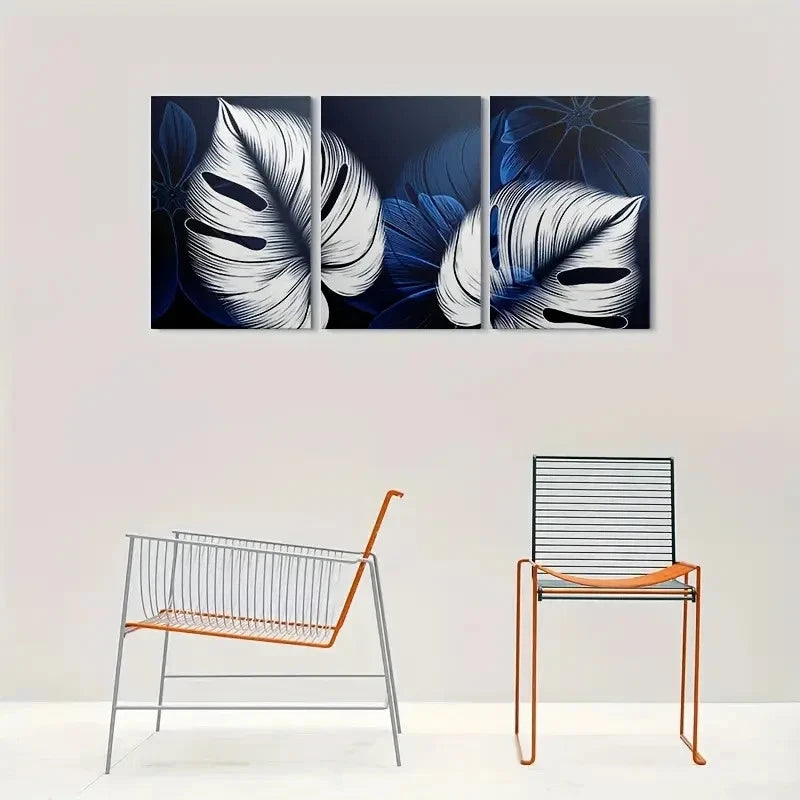 3pcs Blue and White Leaf Patterns Metal Print Ready to Hang Art - Bella Home Decor