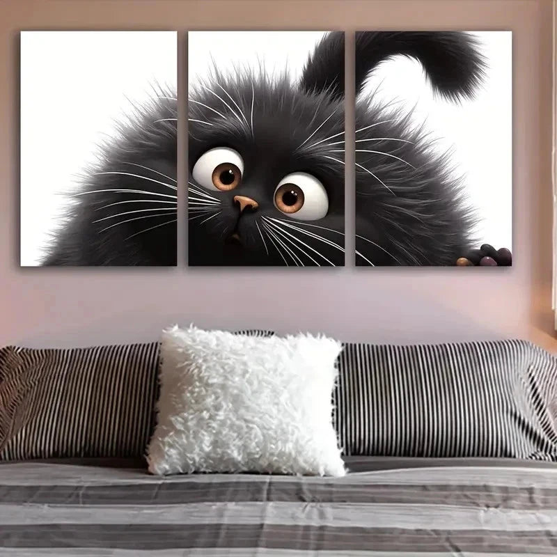3pcs Cute Black Cat With Big Eyes Wall Art Set Canvas Framed 50x70cm - High Quality Print 100% Australian Made Wall Canvas Ready to Hang - Bella Home Decor