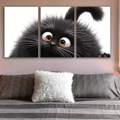 3pcs Cute Black Cat With Big Eyes Wall Art Set Canvas Framed 50x70cm - High Quality Print 100% Australian Made Wall Canvas Ready to Hang - Bella Home Decor