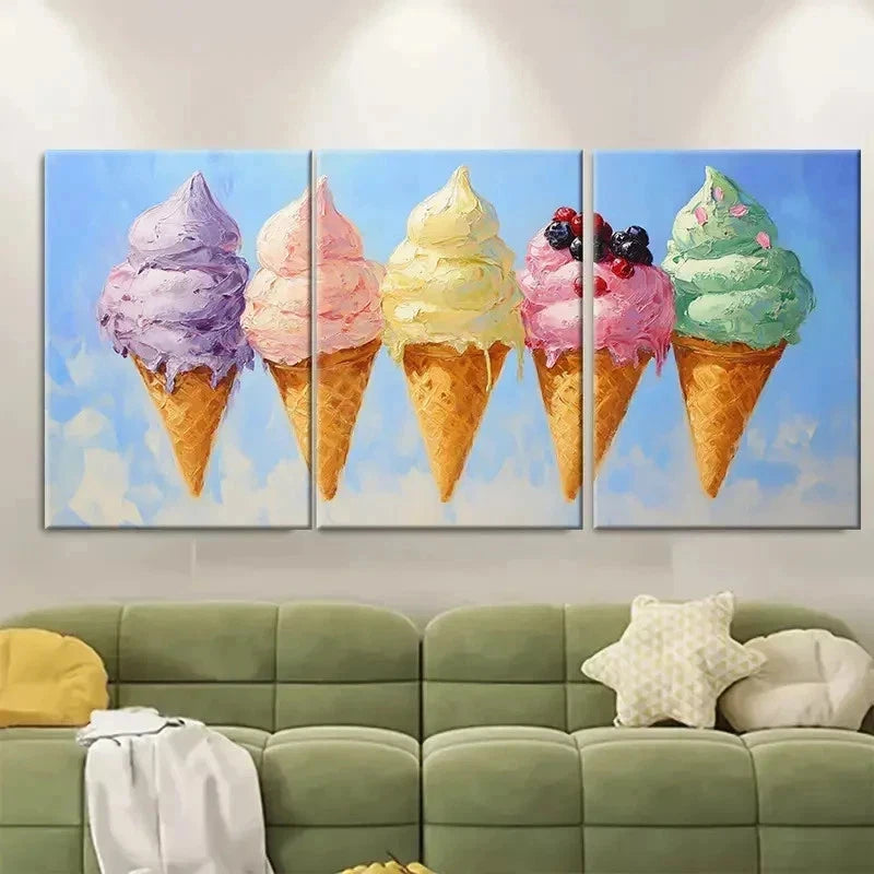 3pcs Ice Cream Fine Art Kitchen ER  Wall Art Set Canvas Framed 40x60cm - High Quality Print 100% Australian Made Wall Canvas Ready to Hang