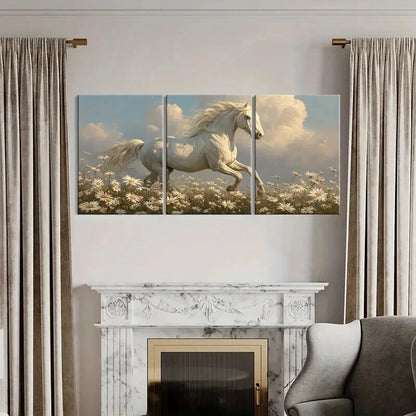 3pcs White Horse Running Through Daisy Field Metal Print Ready to Hang Art - Bella Home Decor
