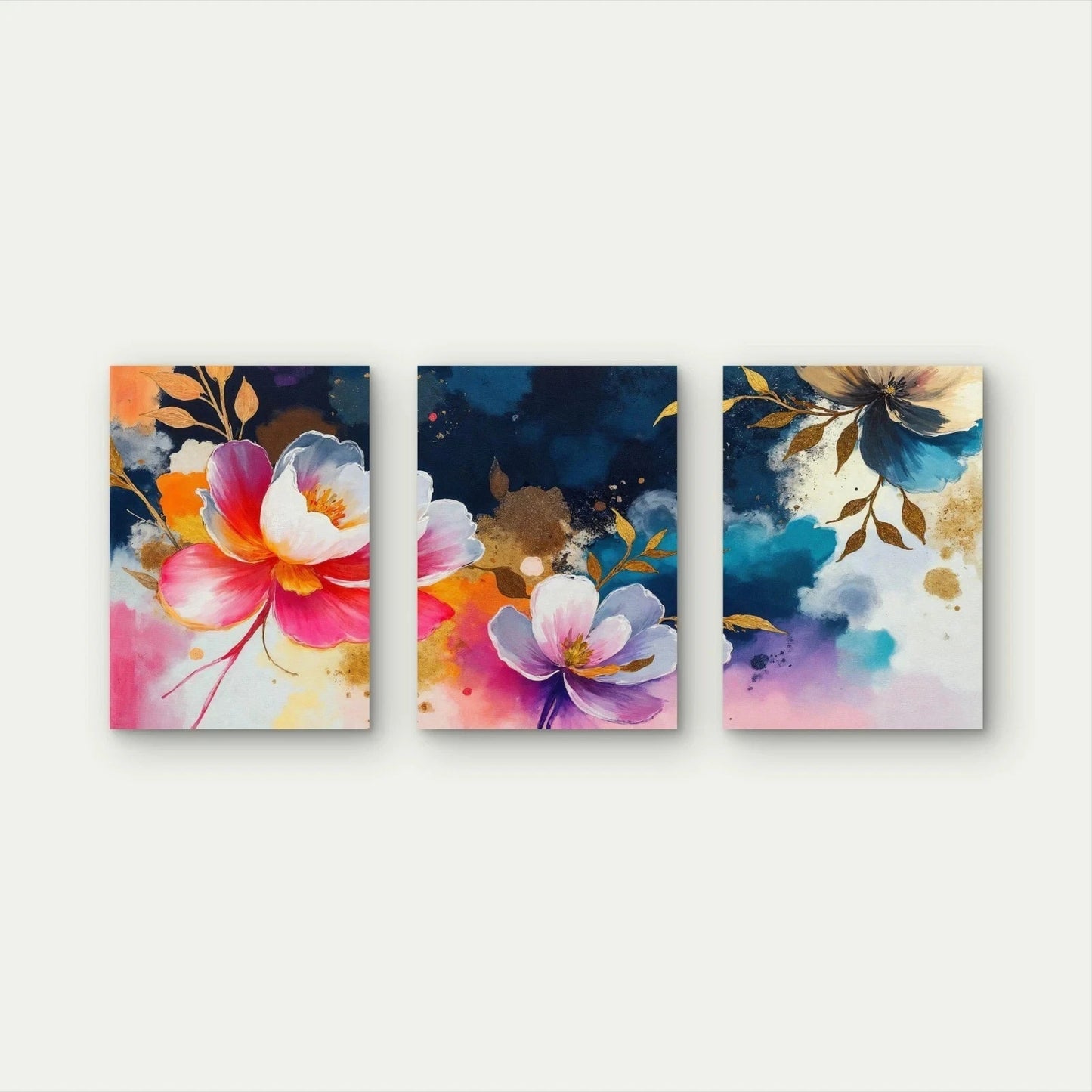 3pcs Vibrant Watercolor Gold Floral Abstract Wall Art Set Canvas Framed 60x90cm - High Quality Print 100% Australian Made Wall Canvas Ready to Hang - Bella Home Decor