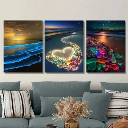 3pcs Vibrant Beach Scenes with Heart Accents Wall Art Set Canvas Unframed - High Quality Print 100% Australian Made Wall Canvas