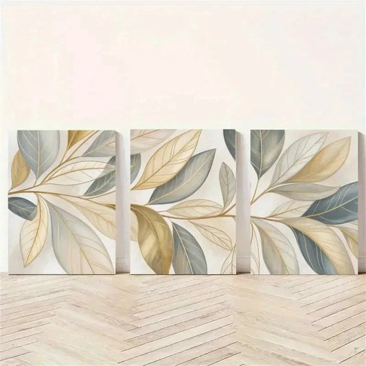 3pcs Leaves, Golden Leaves Minimalist Wall Art Set Canvas Framed 60x90cm - High Quality Print 100% Australian Made Wall Canvas Ready to Hang